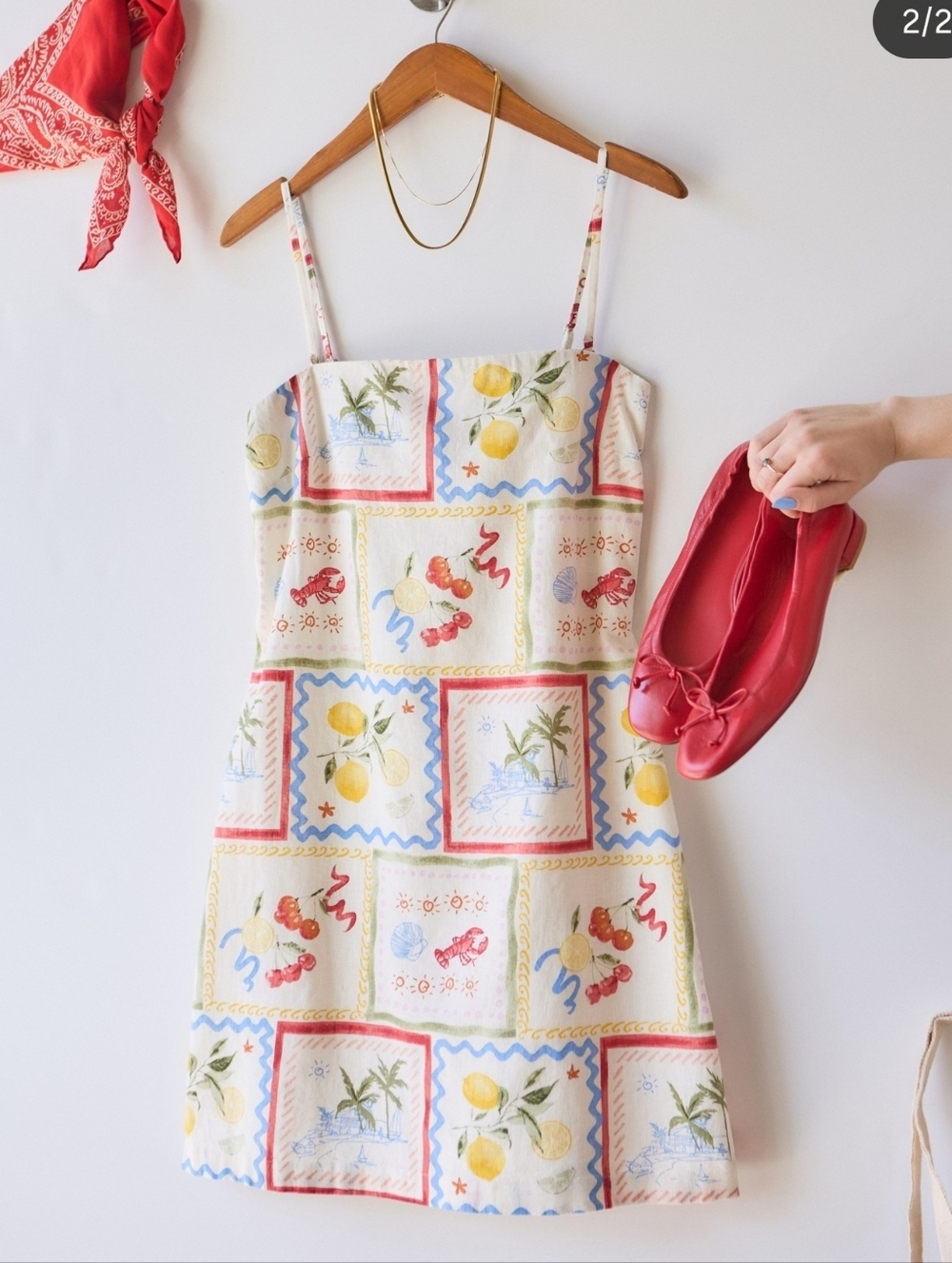 NWT The A&F Scarlett Linen-Blend Tile Print Lemon Lobster Summer Size X-large T